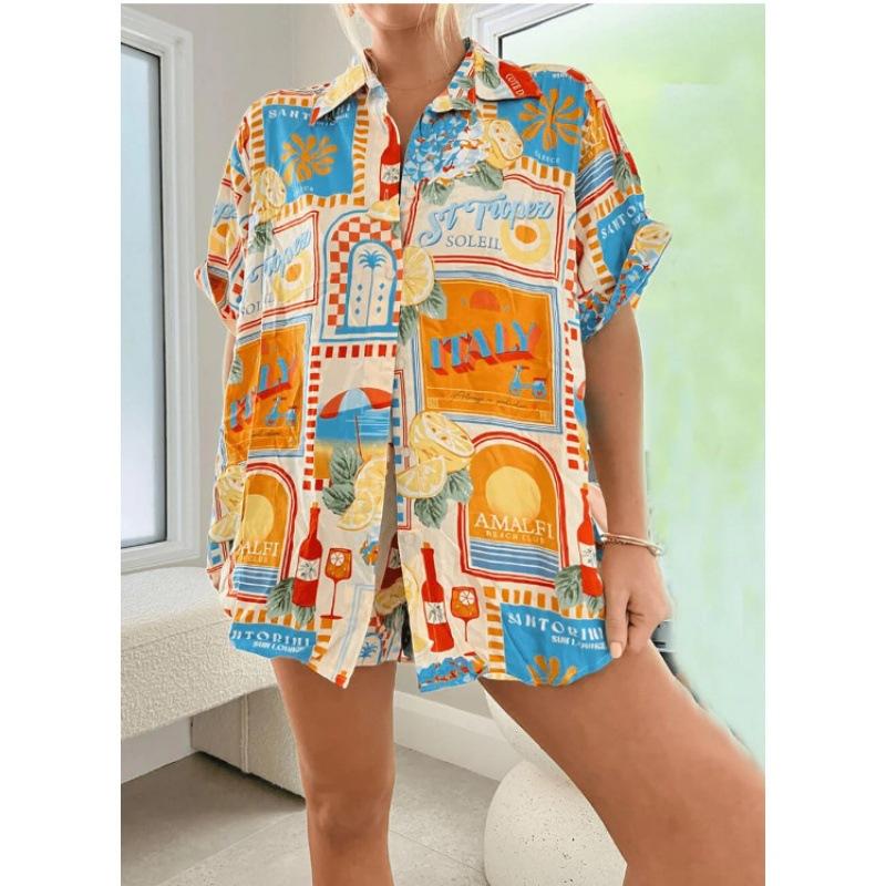 Sommar Ny Dam Tryckt Kortärmad Skjorta Set Hög Midja Löst Tryckt Shorts Tvådelat Casual Mångsidigt Set