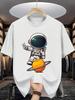 Unisex O Neck Tee Astronaut Planet Cartoon Print Cotton Short Sleeve Loose Summer Street Breathable Daily Casual Basic Wear Top