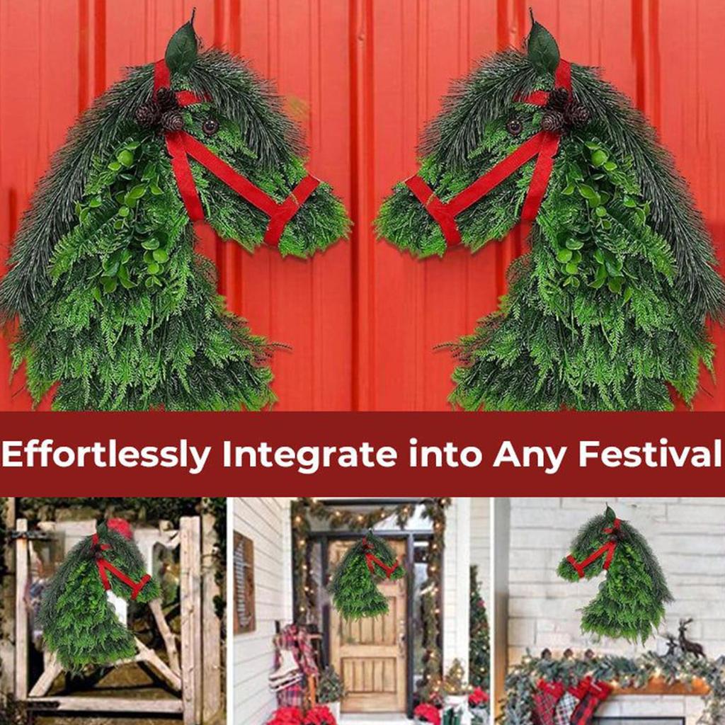 Outdoor Pferdekopfwreath Künstliche Grünpflanzen Pferdekopftür-Weihnachtskranz Lustiger Türkranz mit roter Schleife Dekorationen