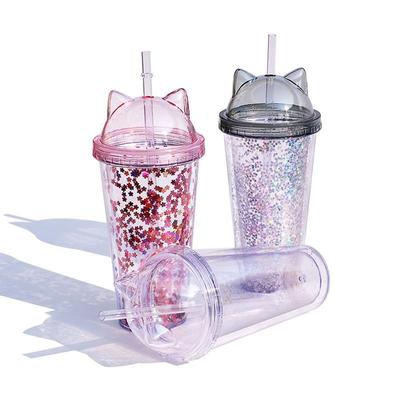 Gift Custom Cup Creative Plastic Water Cup Straw Cup Cute Cat Ear Flash Film Double Layer Cup Water Bottle