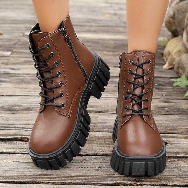 Lucyever Chunky Platform Women's Ankle Boots 2024 Pu Leather Thick Sole Combat Boots Woman Plus Size Lace Up Short Booties Mujer