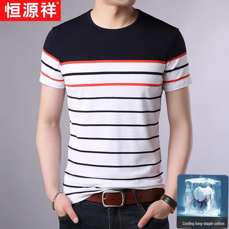 

Hengyuanxiang Men s Color Block Stripe Liquid Ammonia Cotton T-Shirt L