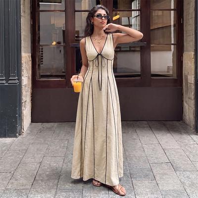 Summer New Style Elegant Business Casual Lace-up Contrast-color V-neck Sleeveless Dress for Women