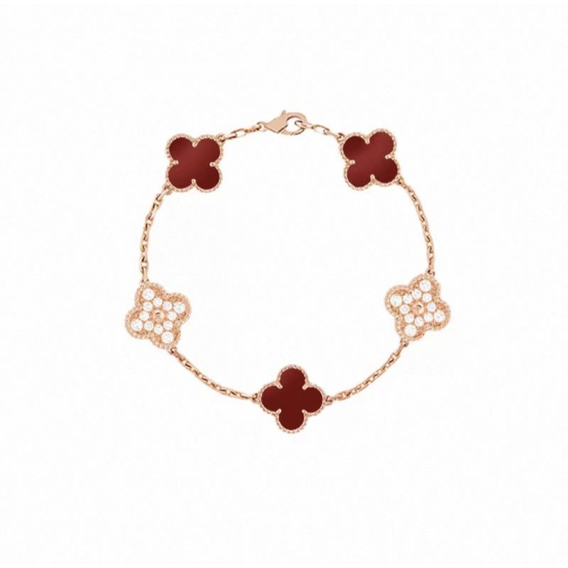 Four-leaf Clover Five-flower Bracelet for Women Rose Gold Lucky Clover Bracelet with White Mother-of-pearl and Red Agate Fashionable Bangle