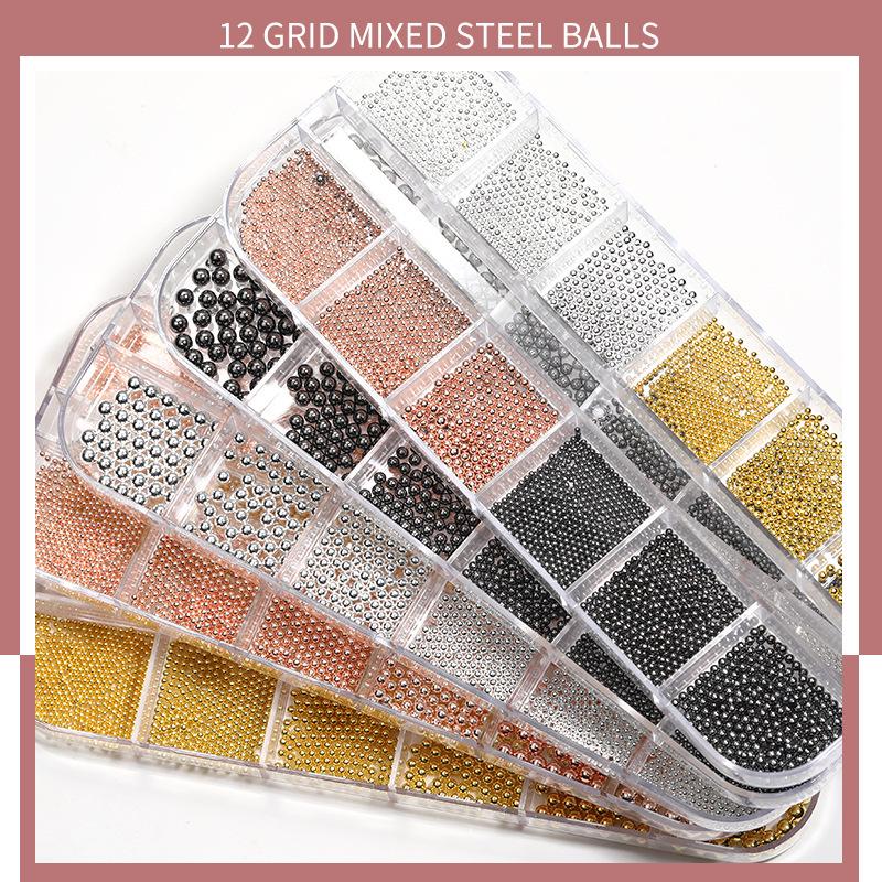 Japanese Mini Steel Beads Nail Art Accessories - Gold, Silver & Rose Gold Mix In 12 Grid Box