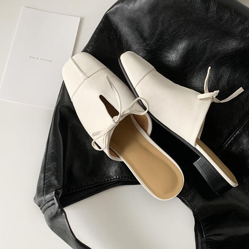 Fashion New Summer Women Mules Genuine Leather Shoes for Women Square Toe Chunky Heel Modern Sandals Cover Toe Lace-up Women Slippers