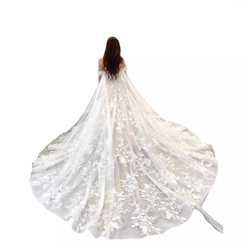 Light Wedding Dress French Spring and Autumn New Bride Trailing Simple Atmosphere One-word Shoulder Retro Temperament Main Yarn New