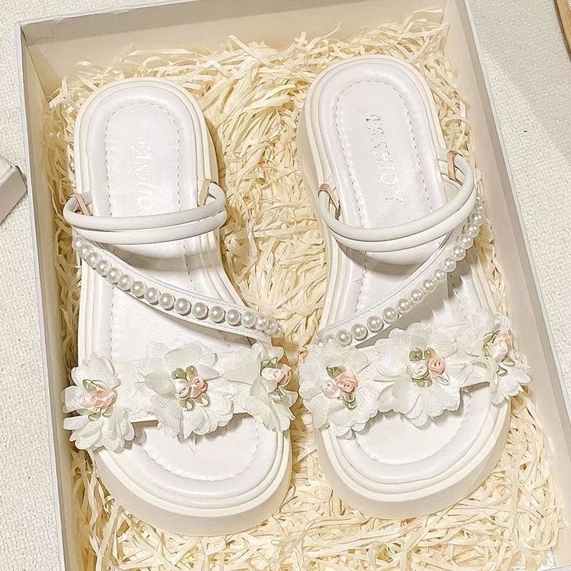 Fashion flower platform heightening pearl sandals 2025 new models with skirts two wear cool slippers women's summer wear