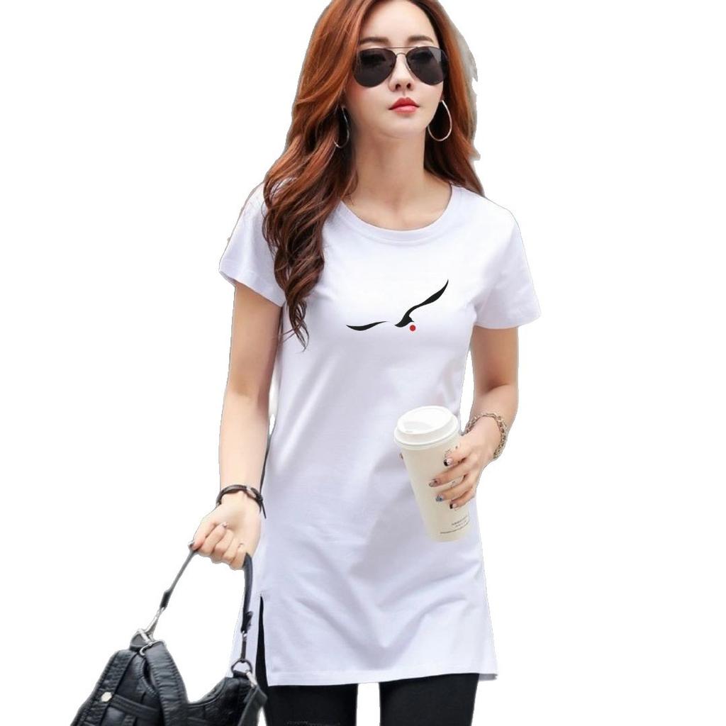 Nowa Bawełniana Koszulka, Krótki Rękaw, Średniej Długości, Z Nadrukiem, Biała Letnia Koszulka, Zakrywająca Brzuch i Biodra