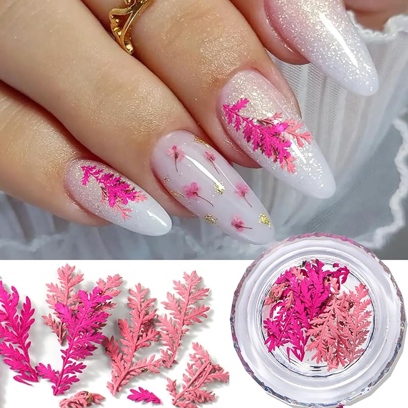 Real Dried Flowers Nail Decals Mini Fall Leaf Dry Flowers Nail Art Stickers Natural Autumn Leaves Dried Flower Nail Stickers Dry Floral Nail Pink Dried Flower