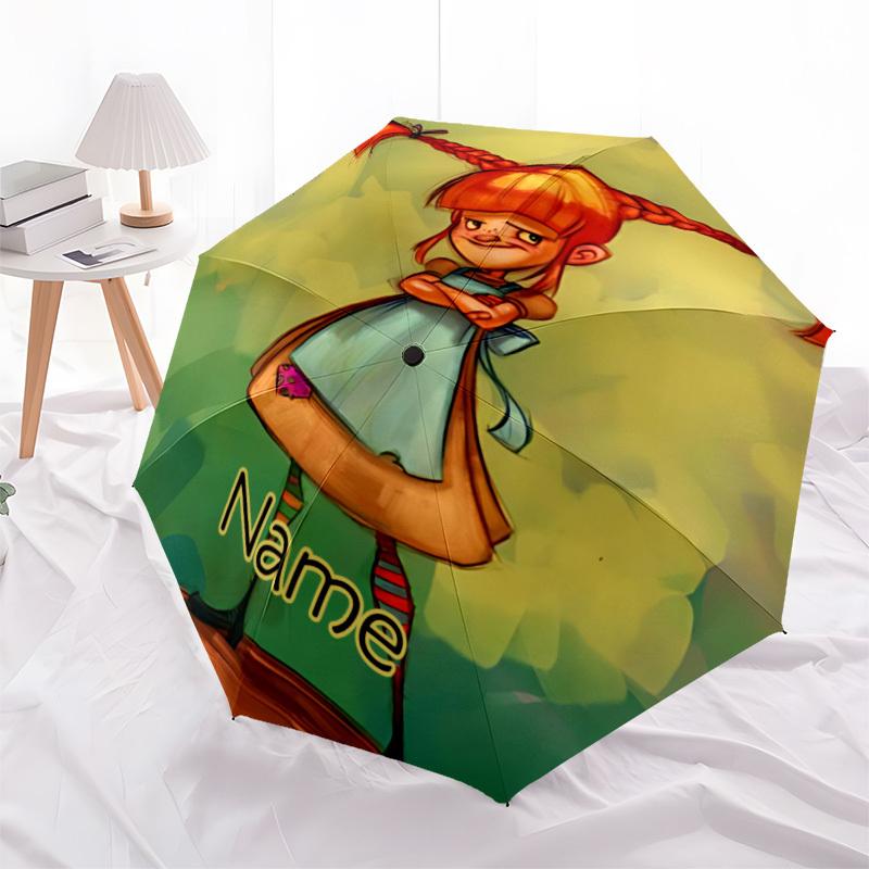 1PC Pippi Longstocking - Custom Name Automatic Folding Umbrella - Compact 8-Rib Design, Durable Plastic & Iron, Daily Use S0106019