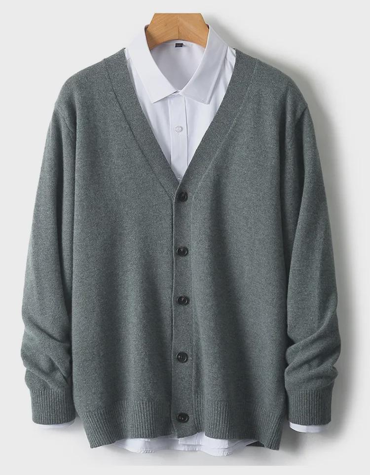 Pánský kašmírový vlněný kardigan svetr s výstřihem do V - Volný jednobarevný, Dlouhý rukáv, Ležérní univerzální (2024).