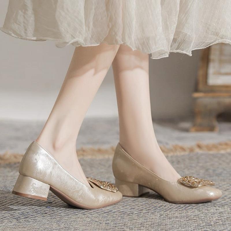 Fashion 2025 New Square-Crystal Button Low Heels  Women's Shoes Chunky Heels Square Head Ladies Pumps Shallow Mouth Stiletto Daily Shoes