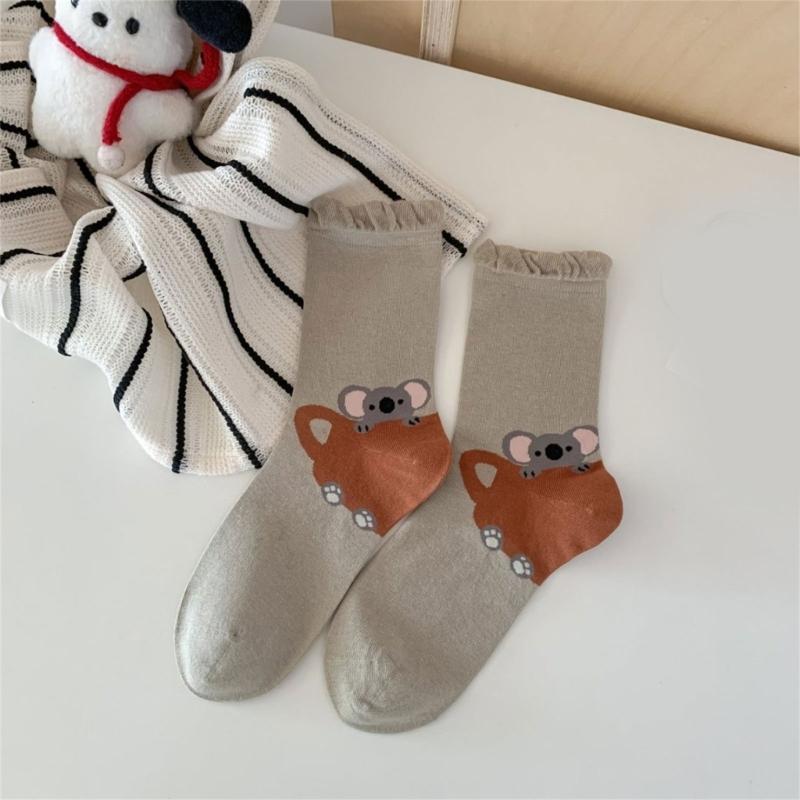 Fashionable Middle Calf Socks with Cartoon Animal Designs in Soft Cotton Bubble Cuffs Crew Socks Hosiery for Women Teens