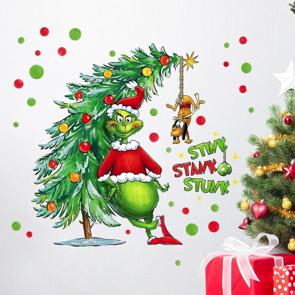 Yovkky Merry Christmas Wall Decals Stickers, Xmas Tree Max Dog 2026 New Year Bedroom Decor Home Kitchen Decorations, Winter Holiday Red Green Polka