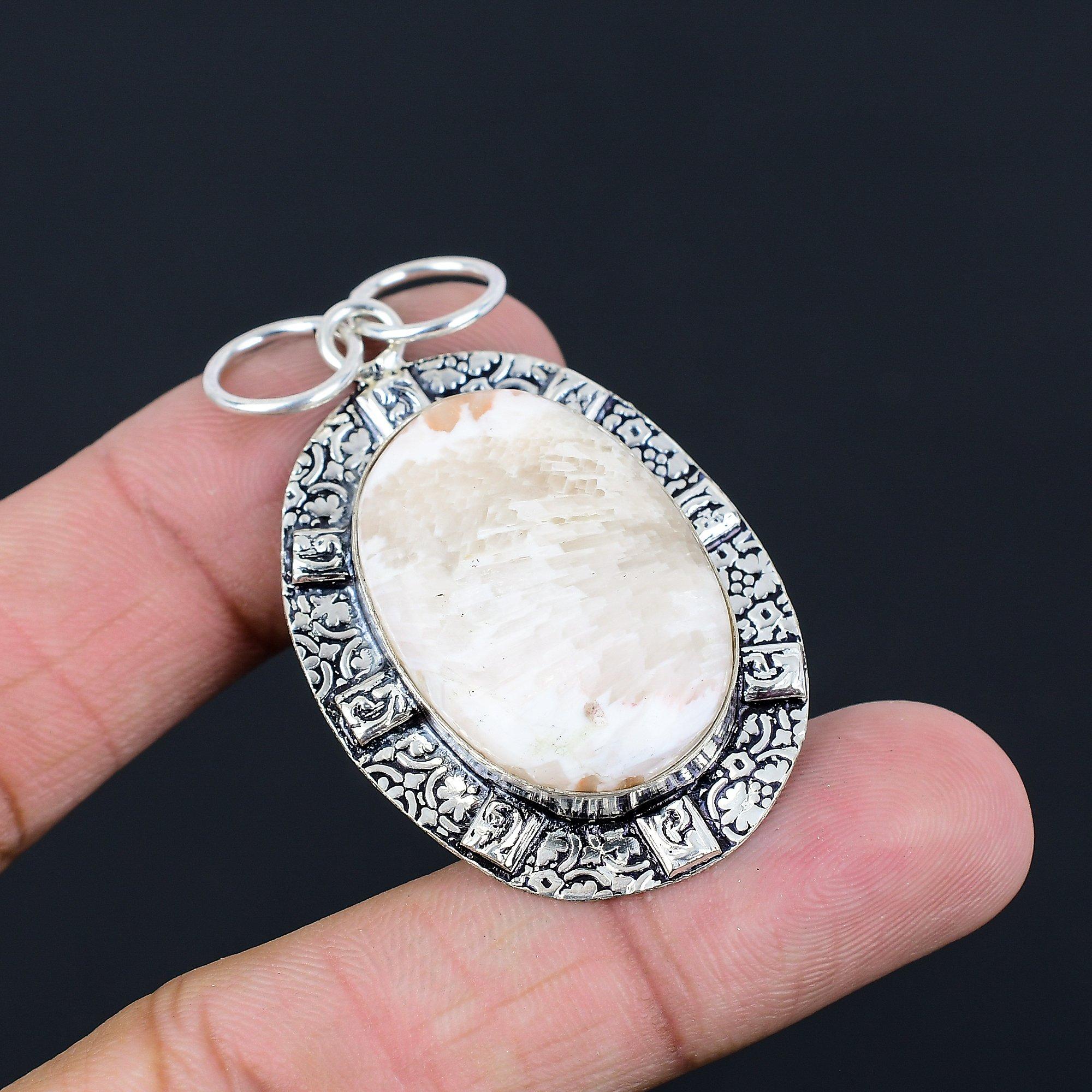 Oval Scolecite Gemstone Bezel Elegant Artisan Wife Boho Pendant Sterling Silver
