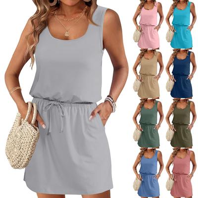 Women's Summer Round Neck Sleeveless Drawstring With Pockets Solid Color Casual Dresses