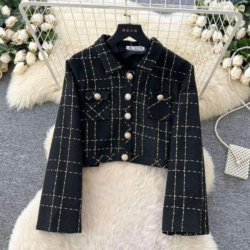Tvådelade Set Damkläder Klänningsdräkt Nedvikt Krage Långärmad Croppjackor Tunika Tweed Rutiga Klänningar Set