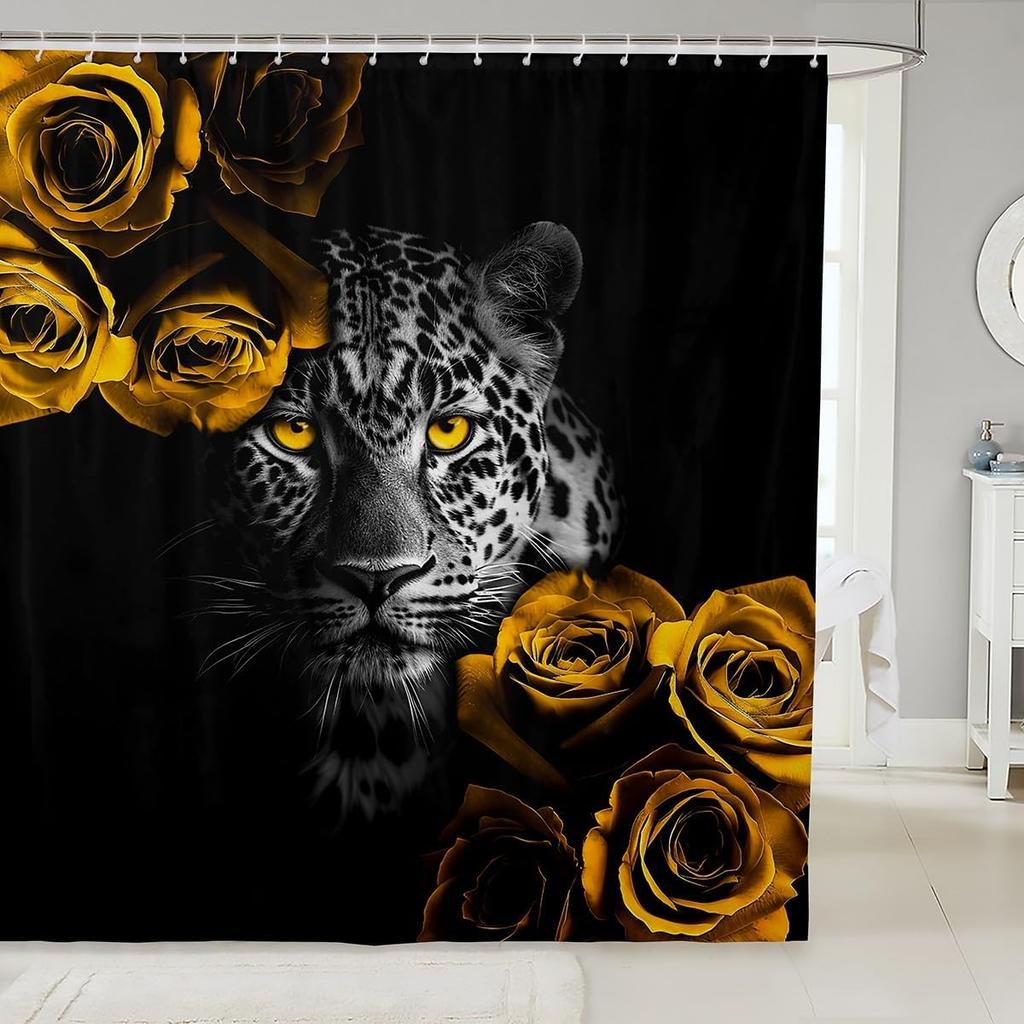 Cheetah Print Shower Curtain, African Leopard Animal Design, Red Floral Black Waterproof Panel With Hooks