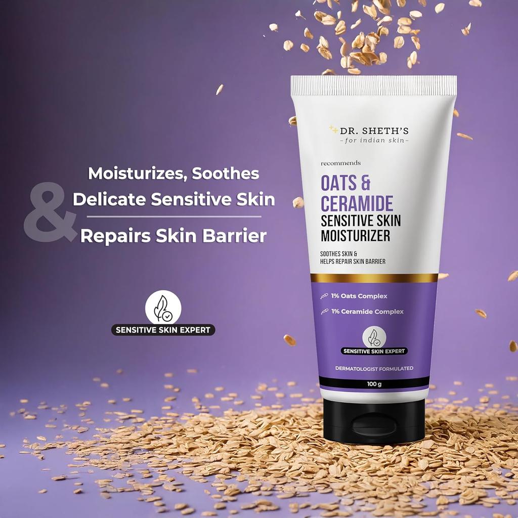 Dr. Sheth's Oats & Ceramide Sensitive Skin Moisturizer 100 G | Oil-Free Lightweight Hydration for Men & Women
