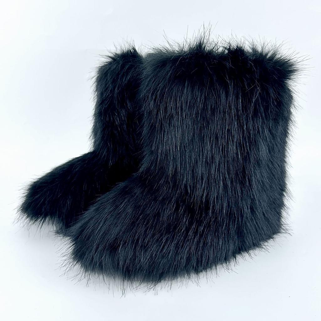 Vintage-Inspired Women's Fuzzy Boots | Brown & Black Faux Fur, Retro Trendy Warm Winter Ankle Footwear