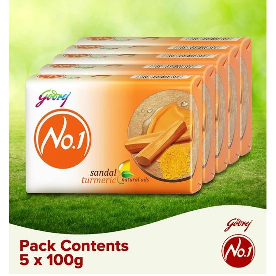 Godrej No.1 Bathing Soap Sandal & Turmeric Grade 1 Soap & Long-lasting Fragrance, Combo Pack of 5 (100g each)