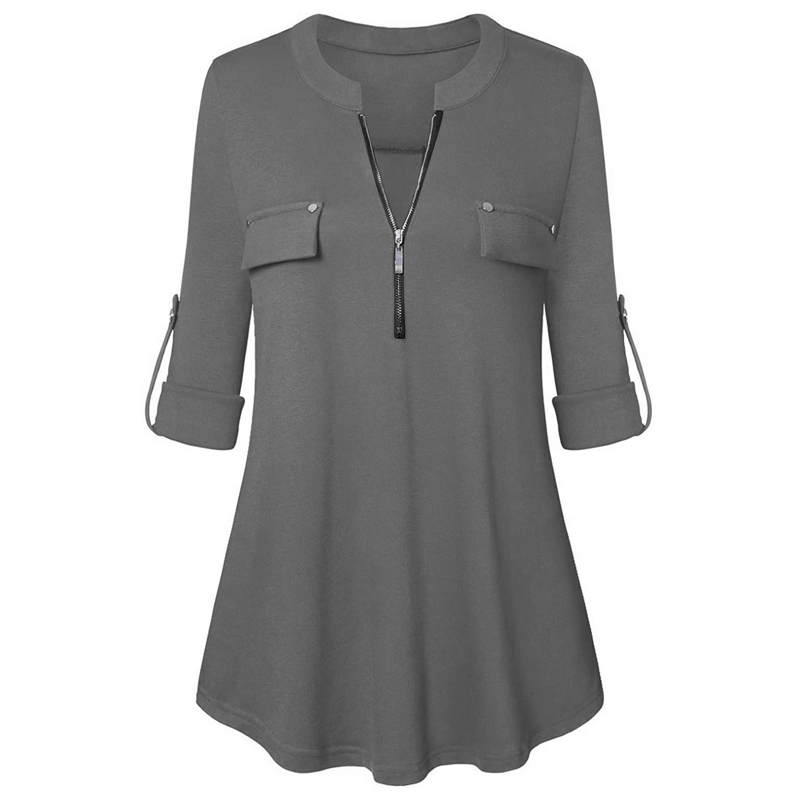 

Женская однотонная модная рубашка на молнии с v-образным вырезом, облегающий топ с длинными рукавами