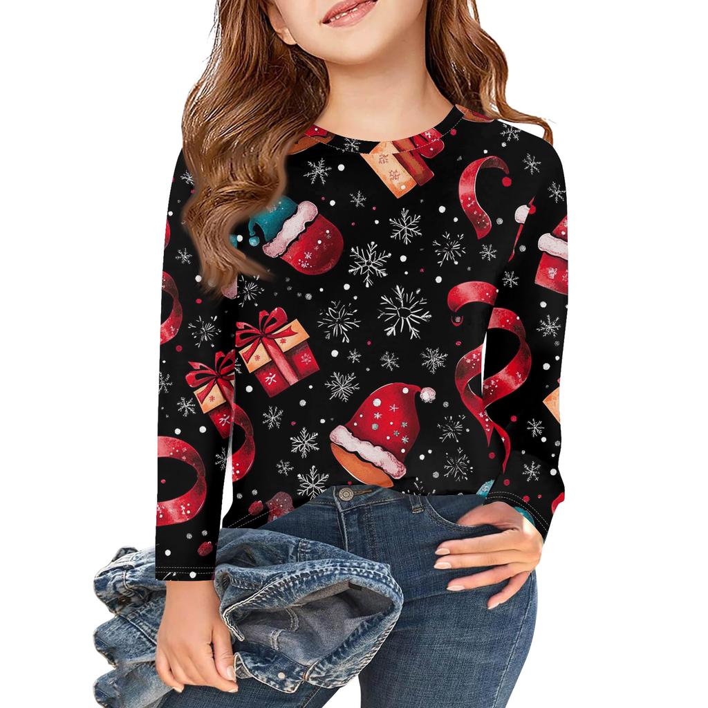 Christmas Day Girls Long Sleeve T Shirts Kids Fall Tops Crewneck Printed Basic Tees