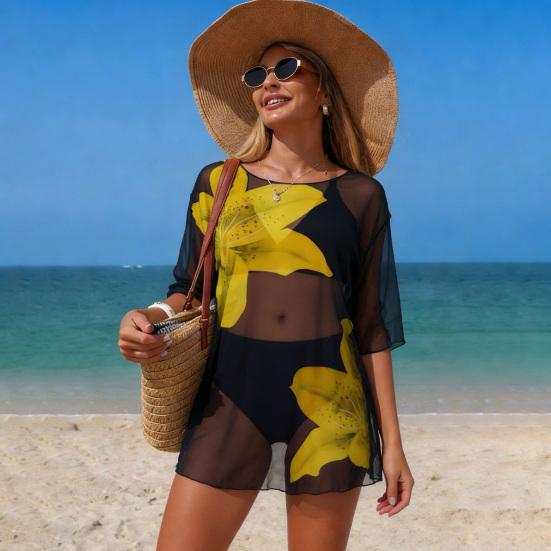 3-teiliges Set Damen Badeanzug Set V-Ausschnitt Träger-BH Hoher Taillen Slip Bikini Set mit Atmungsaktivem Netz Cover-Up Urlaubs Party Sommer Bademode