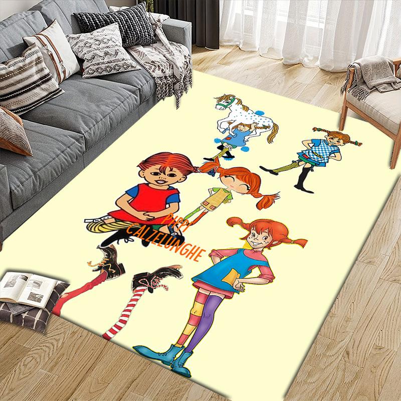 Pippi Cartoon Flannel Printed Carpet, Home Sofa Decoration for Living Room & Bedroom, Non‑Slip Play Flannel Floor Mat for Game Room