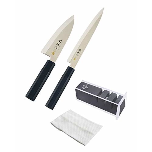 Kai Seki Magoroku Kinju Stainless Steel Left-Handed 4-Piece Japanese Knife Set: Deba 150mm, Sashimi 210mm, Sharpener, and Dishcloth