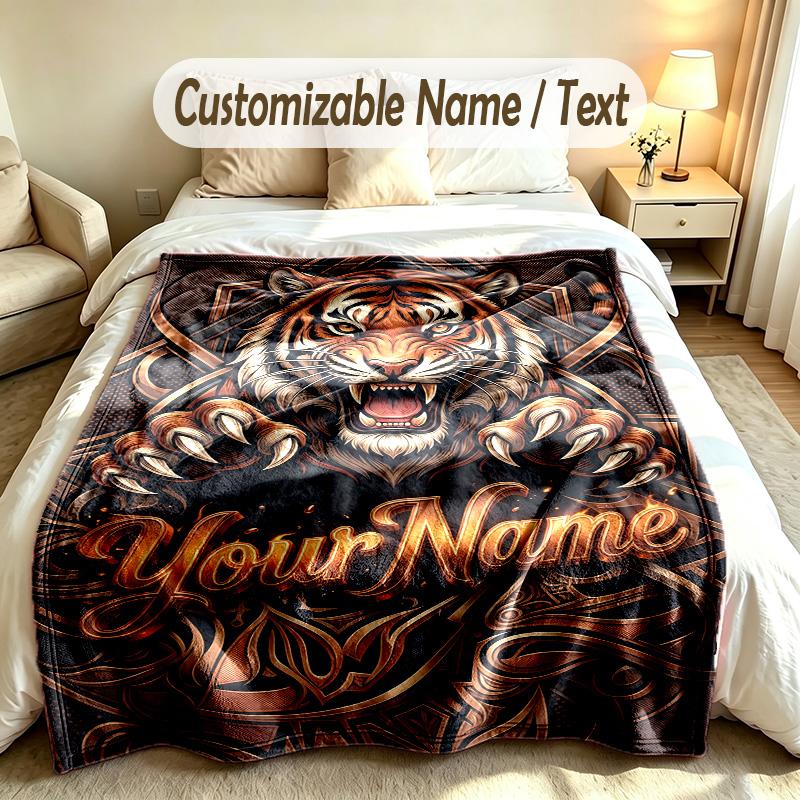Lion Tiger Theme Custom Blanket Personalized Name & Text Customized Soft Warm Throw Blanket Home Decor