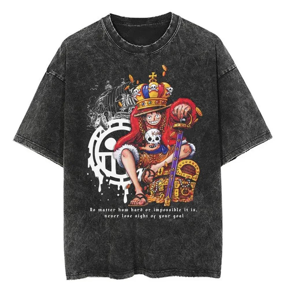 Ležérní prané Harajuku pánské tričko bavlna praná japonské anime One Piece grafické volné streetwear černé topy trička