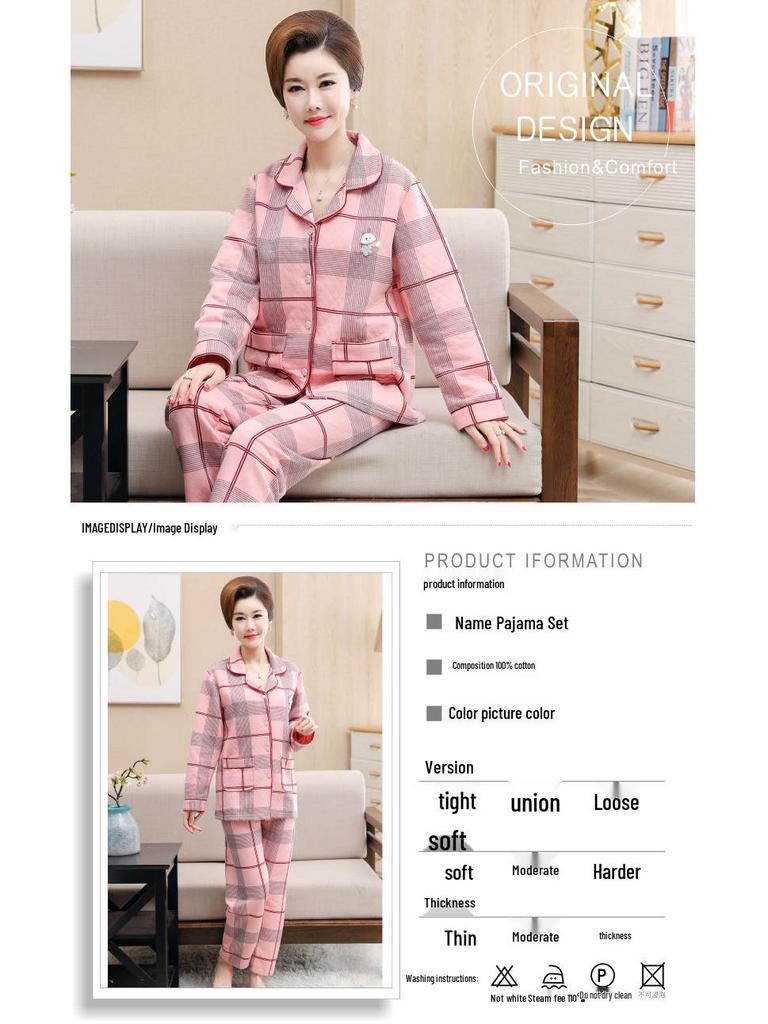 Women's Thick Warm Knitted Cotton Pajamas for Autumn/Winter - Middle-Aged & Elderly Sleepwear, Versatile Home & Outdoor Wear