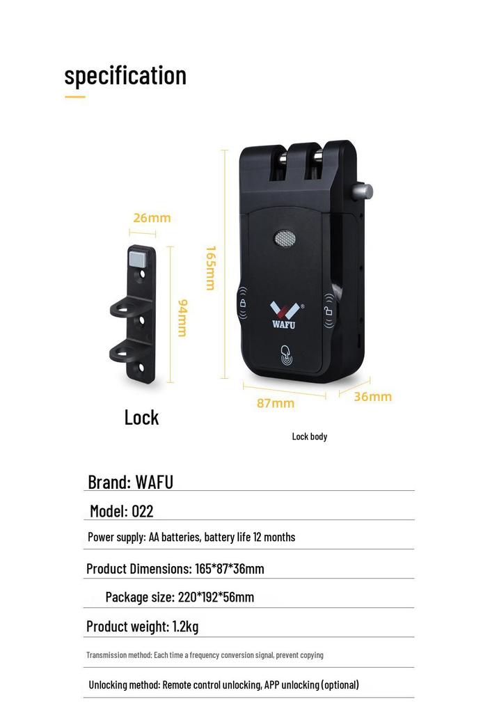 Wireless Smart Door Lock with Remote Control and Built-in Backup Battery for Anti-theft Security