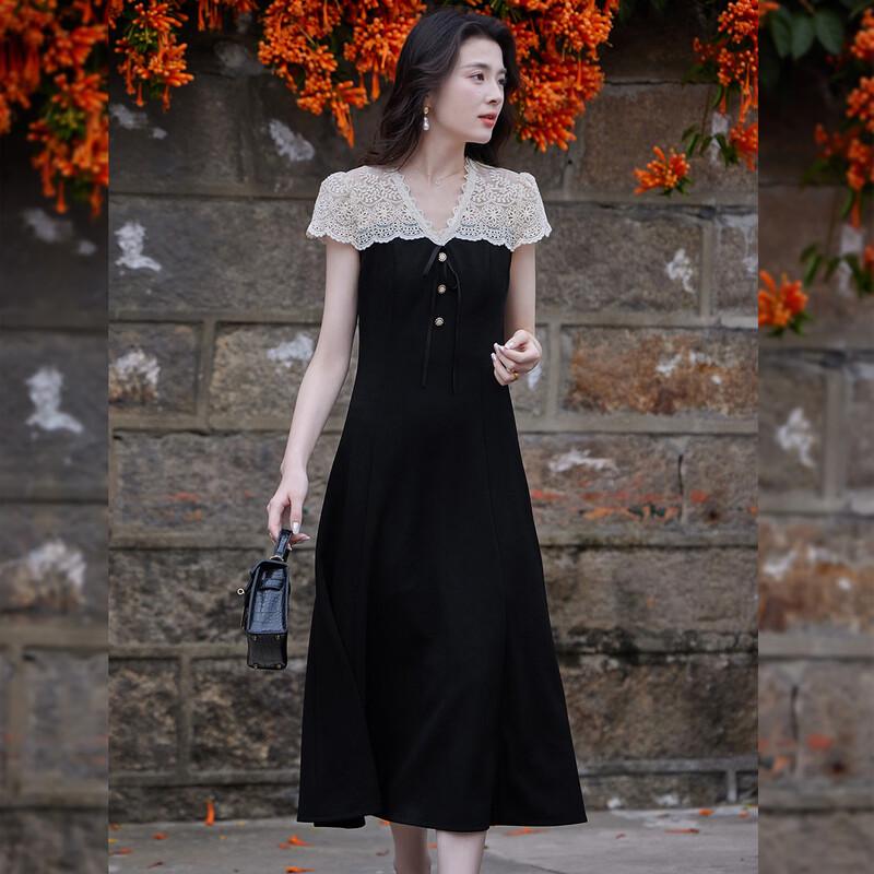 Bailuyu Women s Contrast V-Neck Faux Two-Piece A-Line Long Dress M