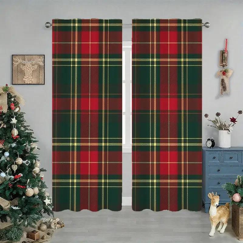 Set Of 2 Plaid Curtain Polyester Xmas Window Decor Home Classic Curtains Room Darkening Made