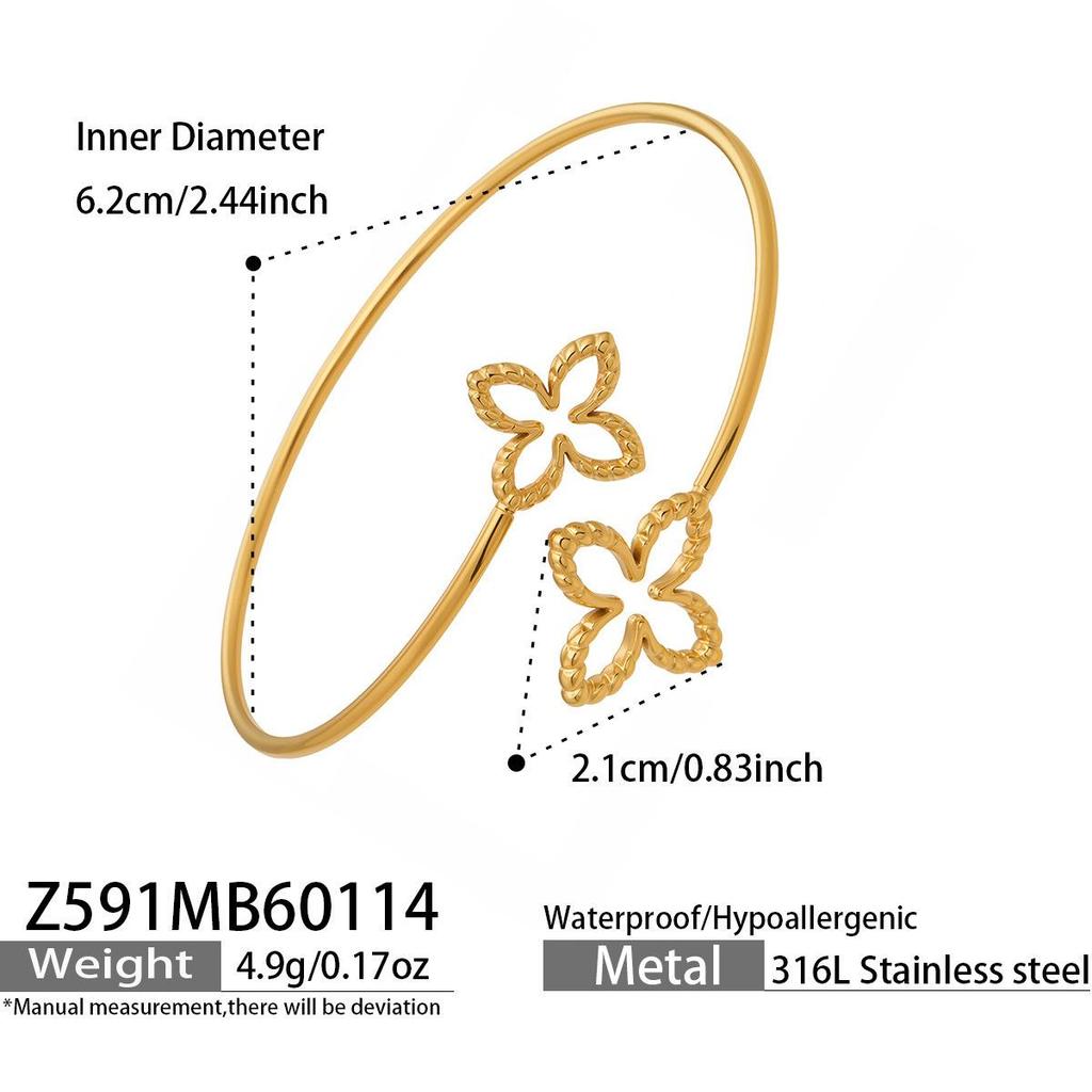 Elegant Double Flower Open Bracelet, 18k Gold-Plated Stainless Steel