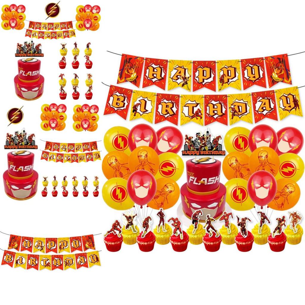 Set Decorazioni per Festa di Compleanno a Tema Flash con Striscione, Topper per Torta e Palloncini