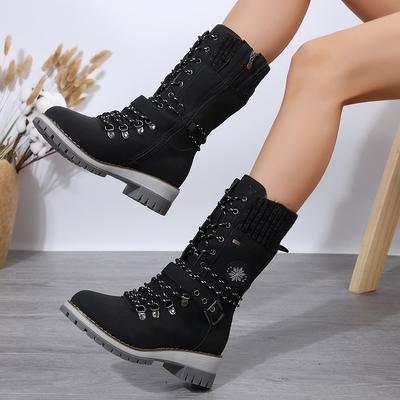 Fashion Women Boots High-quality Winter Warm Boots Women Side-pull Lace-up Knitted Mid-tube Boots Low-heeled Round-toe Outdoor Shoes