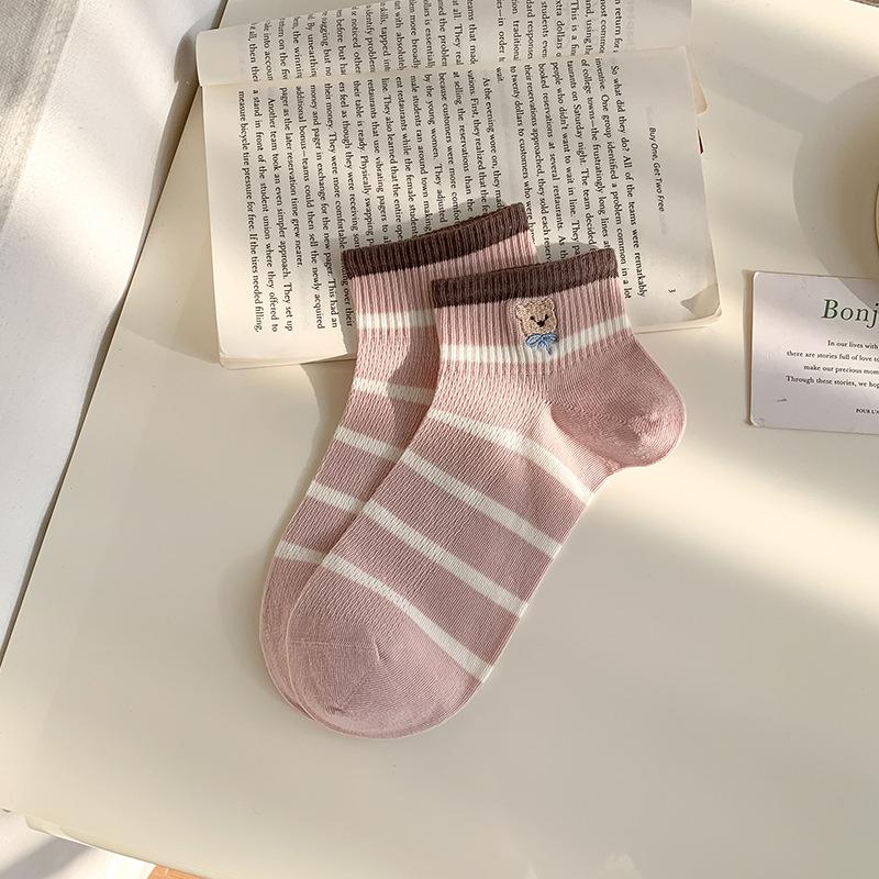 Women's Color-blocking Striped Short Boat Socks Spring and Summer Mesh Breathable Bear Boneless Cotton Socks Women's Short Socks