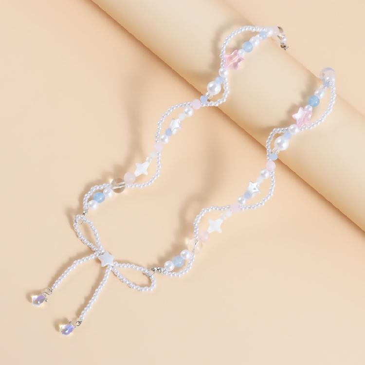 Delicate Chic Collarbone Chain Beautiful Beaded Necklace with Bowknot Pendant