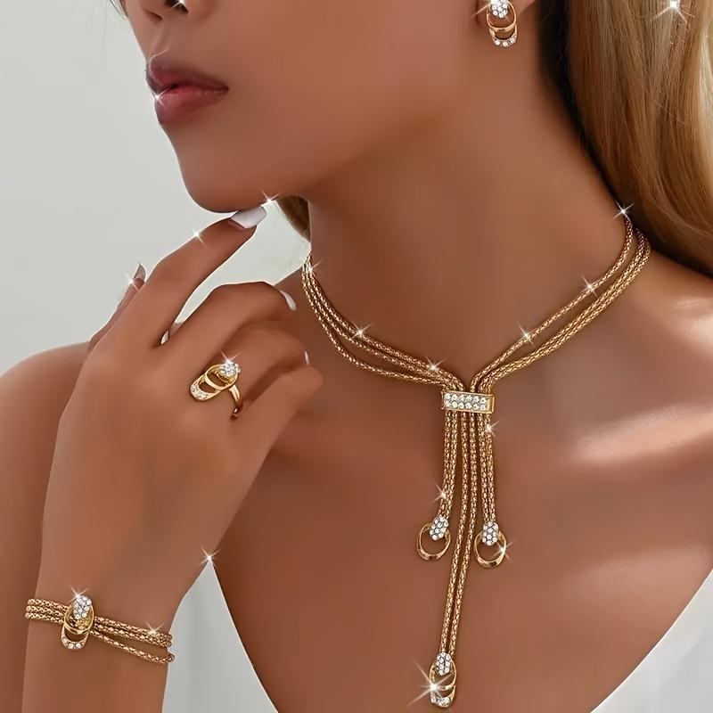 4-Piece Luxury Jewelry Set Synthetic Zirconia Necklace Earrings Bracelet Ring Bohemian And Street Style Wedding Banquet Gifts