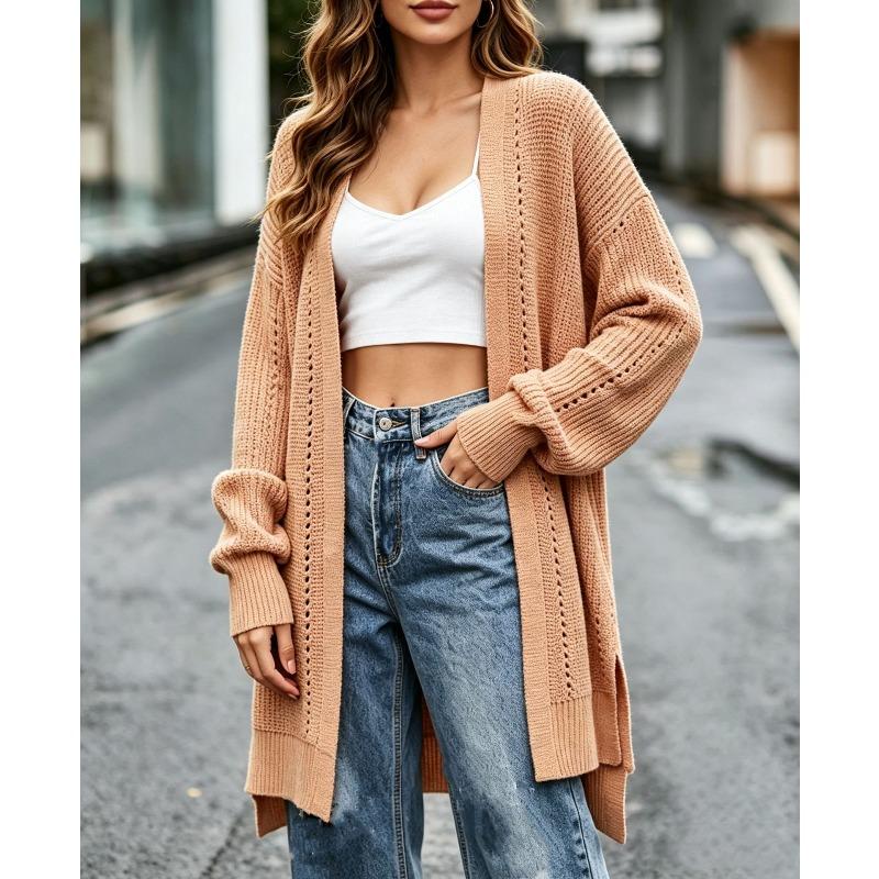 Spring and Autumn Long Knitted Cardigan with Hollowed Out V-neck and Loose Shoulder Sleeves, Paired with A Sweater Jacket