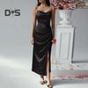 Dámské saténové bodycon šaty s špagetovými ramínky, bočními slipy, dlouhé šaty s kapucí, sexy klubové midi šaty pro večerní příležitosti, narozeninové oslavy, svatby