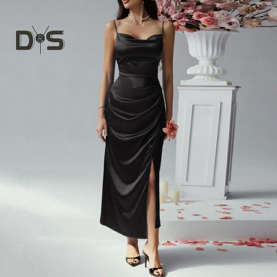 Dámské saténové bodycon šaty s špagetovými ramínky, bočními slipy, dlouhé šaty s kapucí, sexy klubové midi šaty pro večerní příležitosti, narozeninové oslavy, svatby