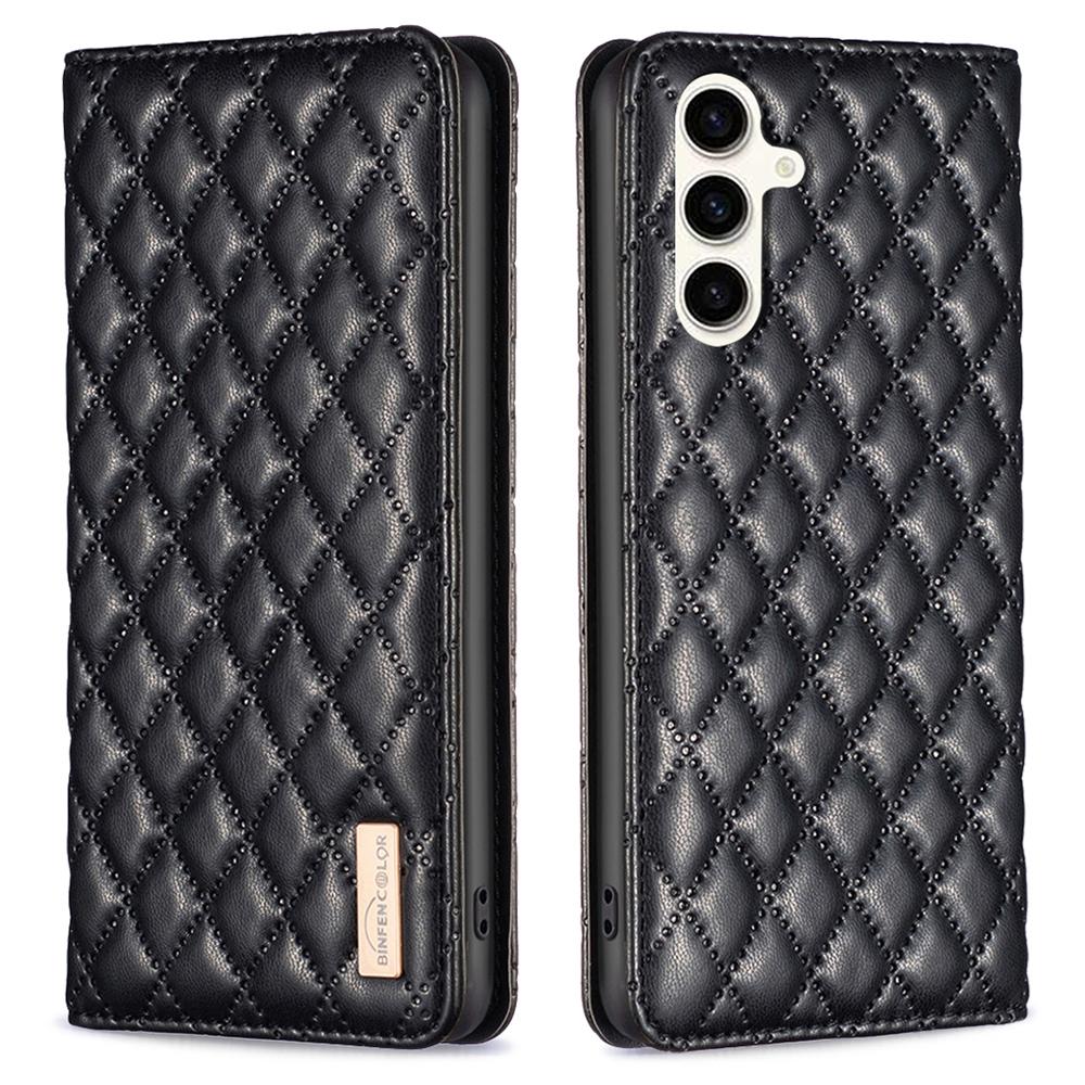

BINFEN COLOR BF Style-16 For Samsung Galaxy S24 FE Stand Phone Case PU Leather Phone Cover with Card Slots Black