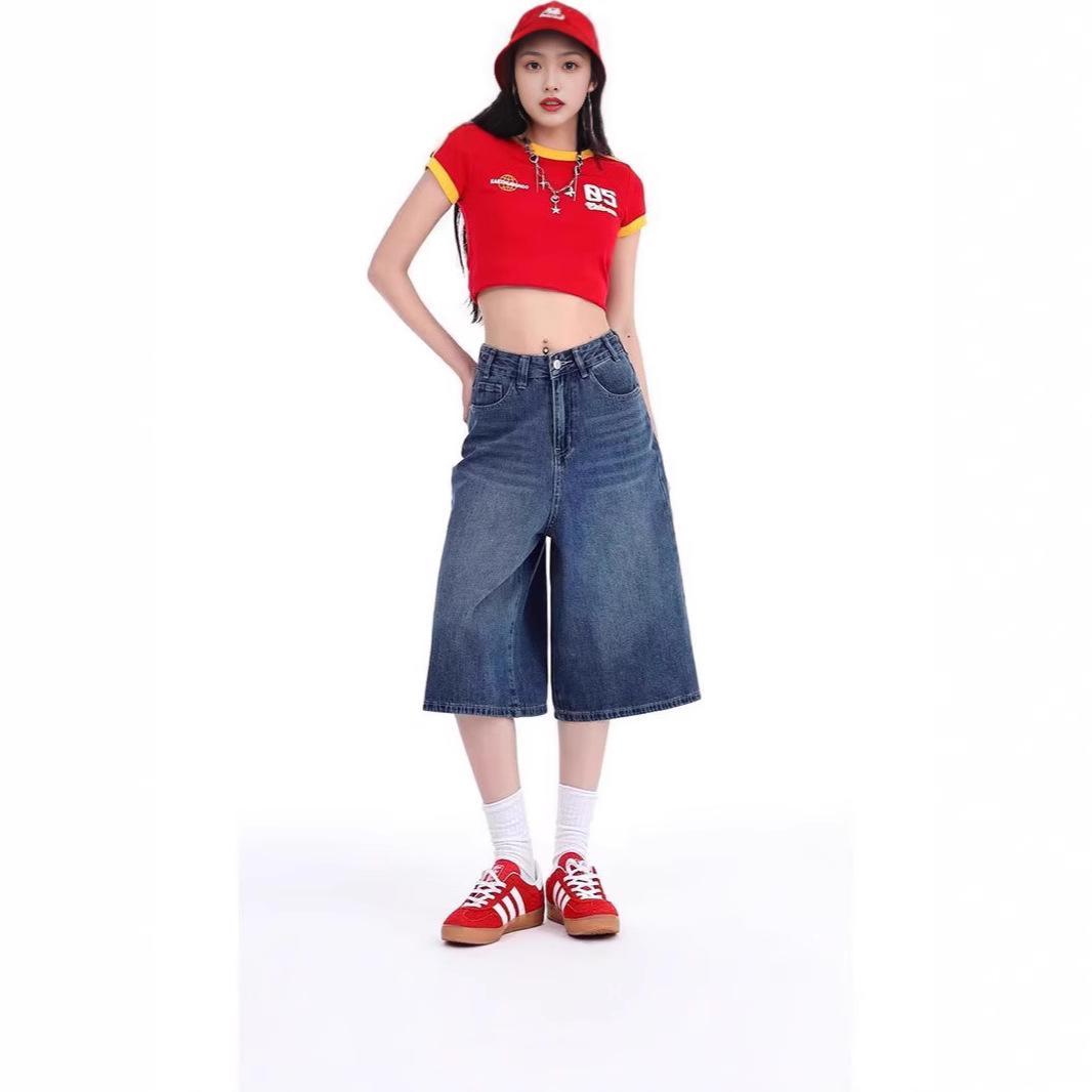

2025 Summer Women s High-Waisted Vintage Loose Wide-Leg Capri Jeans S