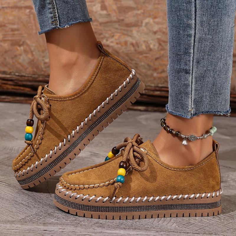 Women's Platform Flats, Front Lace-Up Bohemian Roman Shoes, Vintage Beaded Autumn Booties for Women