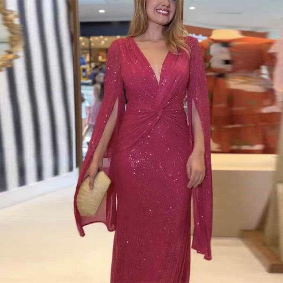 Abito da sera da donna Maniche divise Profondo scollo a V Paillettes lucide Vestibilità attillata Vita stretta Nodo Pieghettato Lunghezza intera Tinta unita Lady Prom Banchetto Abito lungo